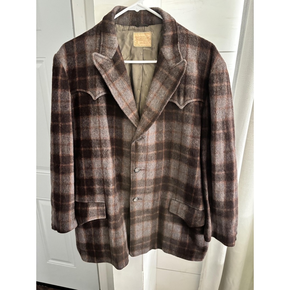 Vintage Allen Sport Coat Mens Large‎ Brown Plaid Wool Western Tweed Jacket